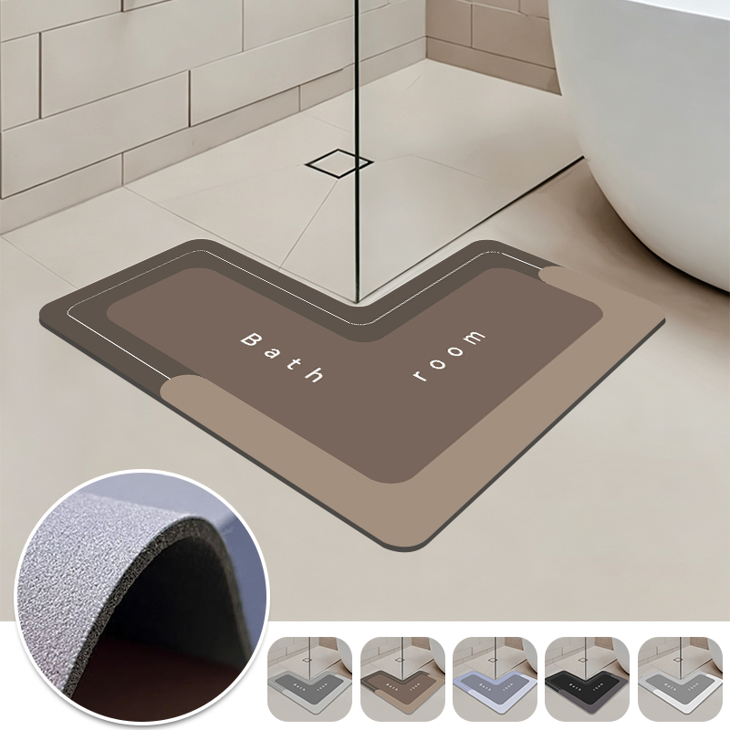 Bamboo Bath Mat - L-Shaped Bathroom Mat Anti-Slip Diatomite Floor